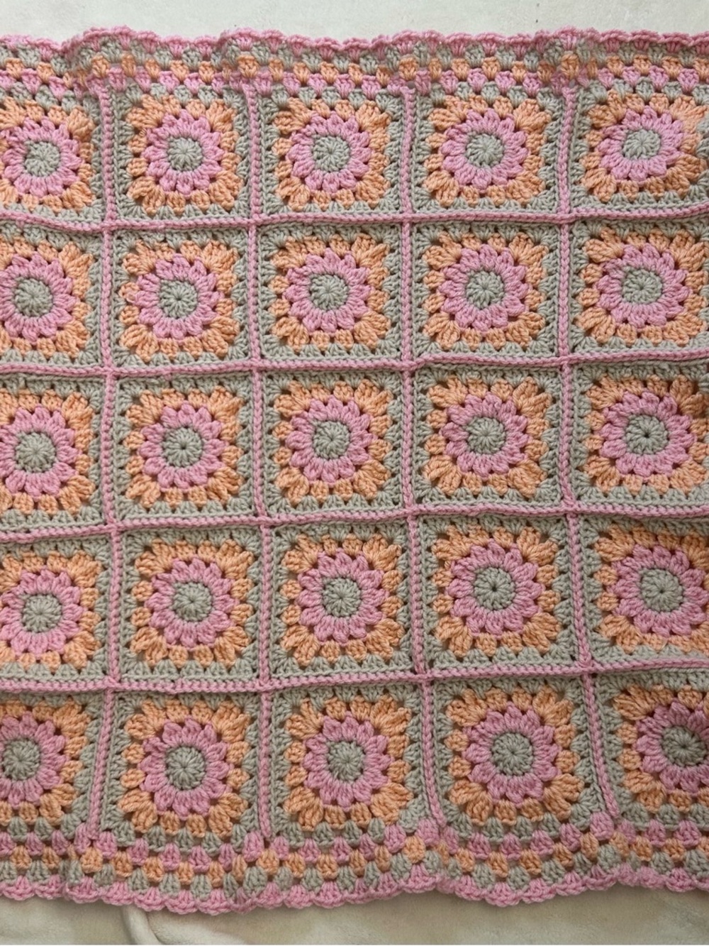 Handmade Lazy Daisy Pink and Peach Crochet Granny Square Baby Blanket